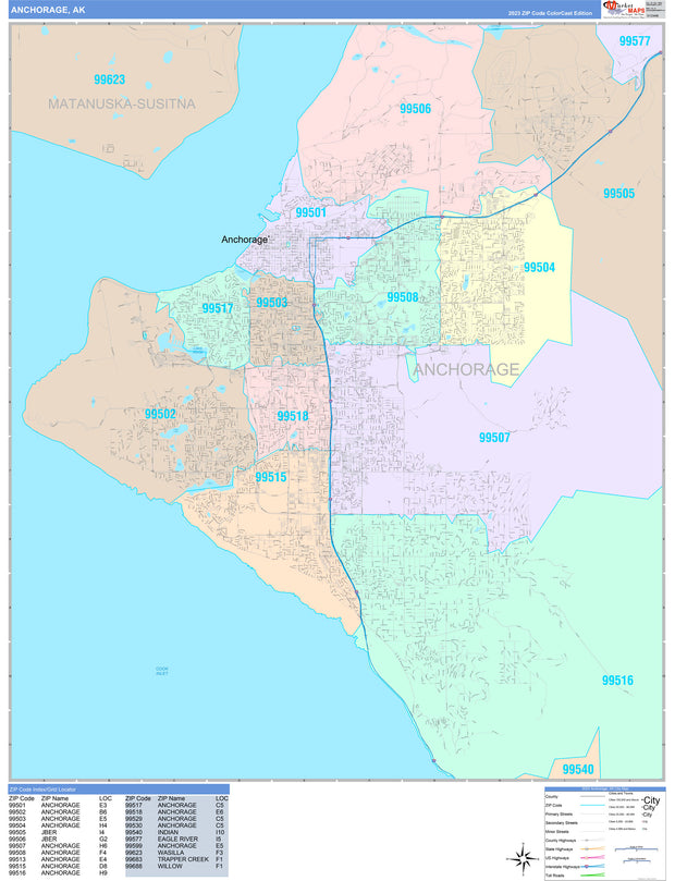 Color Cast Zip Code Style Wall Map of Anchorage by Market Maps