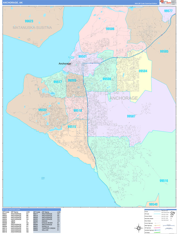 Color Cast Zip Code Style Wall Map of Anchorage by Market Maps ...