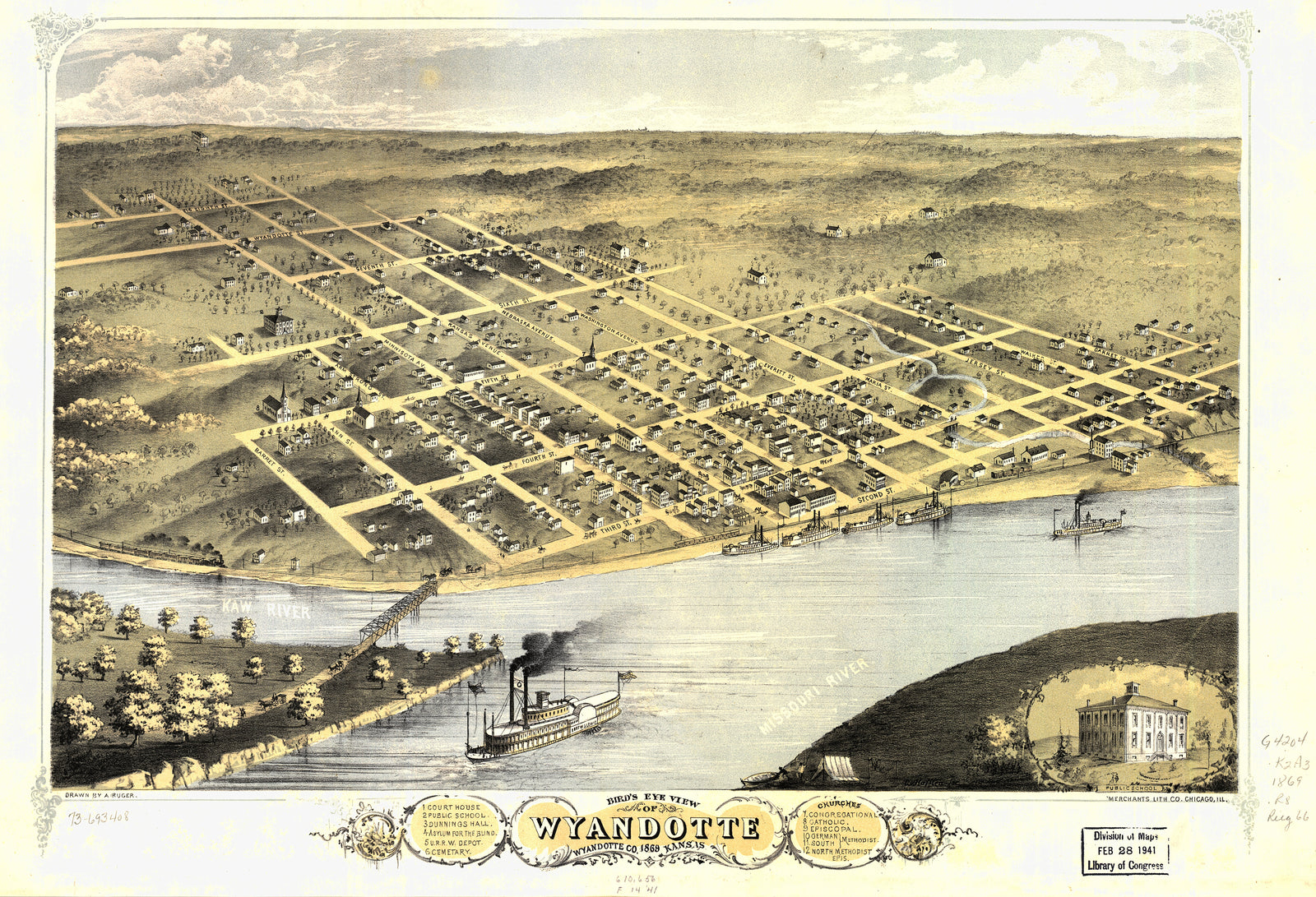 Bird's Eye View of Wyandotte, Kansas, 1869