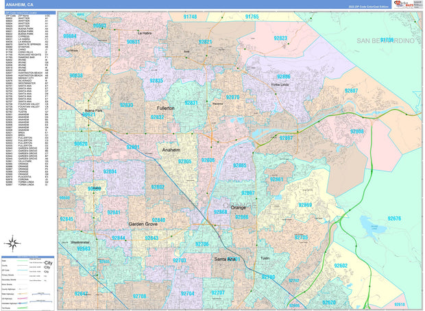 Color Cast Zip Code Style Wall Map of Anaheim by Market Maps – American ...