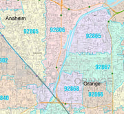 Color Cast Zip Code Style Wall Map of Anaheim by Market Maps