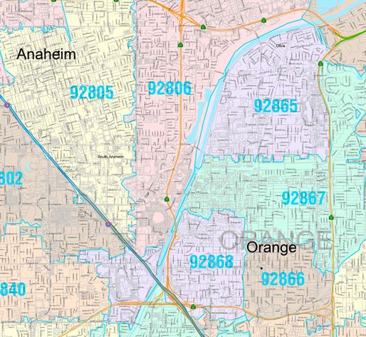 Color Cast Zip Code Style Wall Map of Anaheim by Market Maps