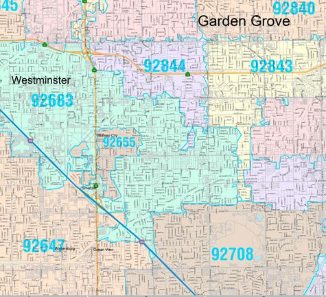 Color Cast Zip Code Style Wall Map of Anaheim by Market Maps