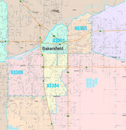 Color Cast Zip Code Style Wall Map of Bakersfield, CA. by Market Maps