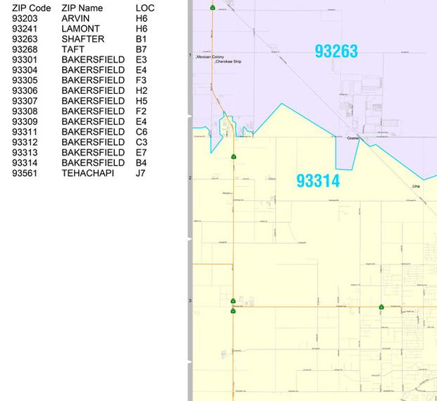 Color Cast Zip Code Style Wall Map of Bakersfield, CA. by Market Maps