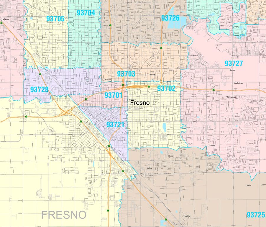 Colorcast Zip Code Style Wall Map of Fresno CA