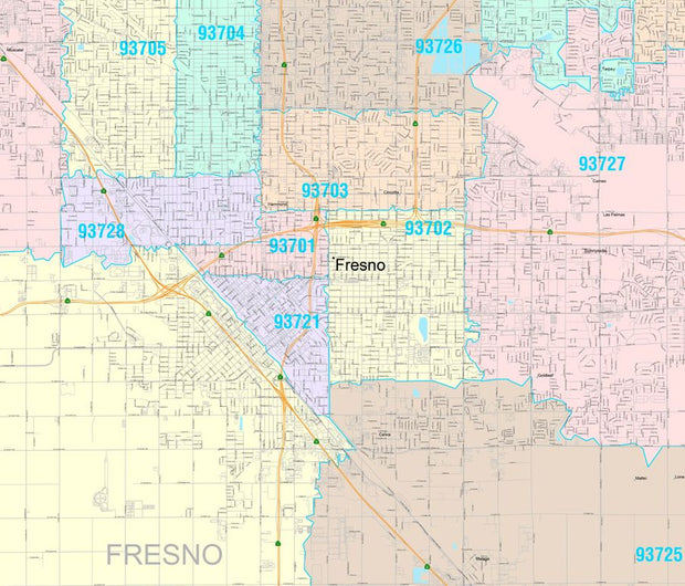 Colorcast Zip Code Style Wall Map of Fresno, CA by Market Maps