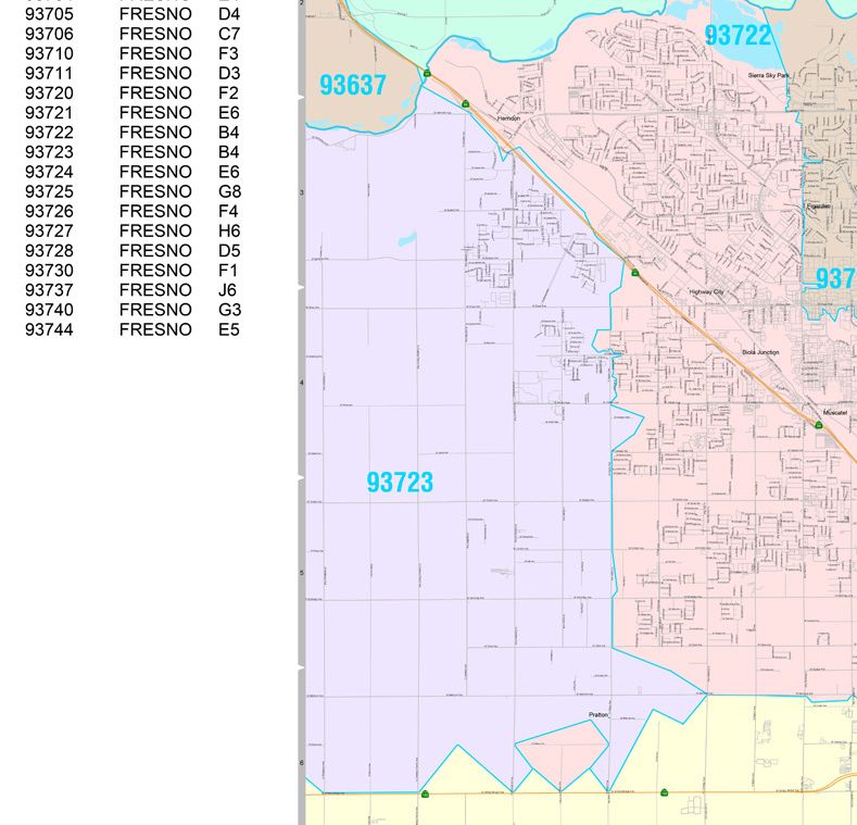 Colorcast Zip Code Style Wall Map of Fresno CA