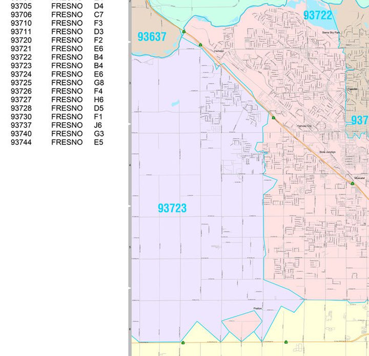 Colorcast Zip Code Style Wall Map of Fresno CA