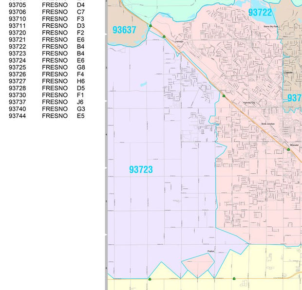 Colorcast Zip Code Style Wall Map of Fresno, CA by Market Maps