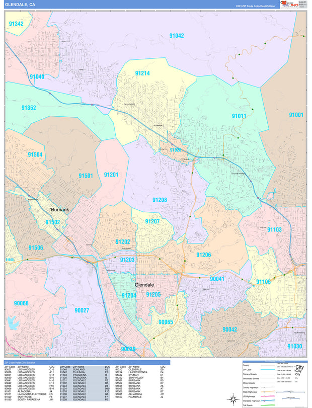 Colorcast Zip Code Style Wall Map of Glendale, CA by Market Maps