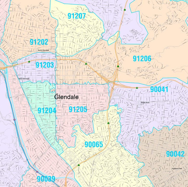 Colorcast Zip Code Style Wall Map of Glendale, CA by Market Maps ...
