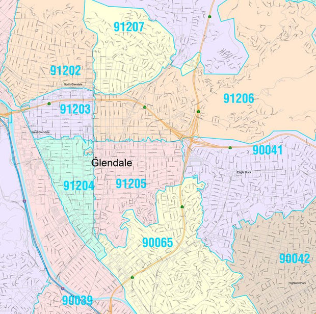 Colorcast Zip Code Style Wall Map of Glendale, CA by Market Maps
