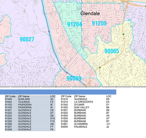 Colorcast Zip Code Style Wall Map of Glendale, CA by Market Maps