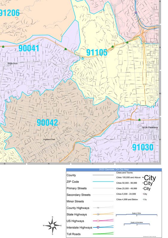 Colorcast Zip Code Style Wall Map of Glendale, CA by Market Maps ...