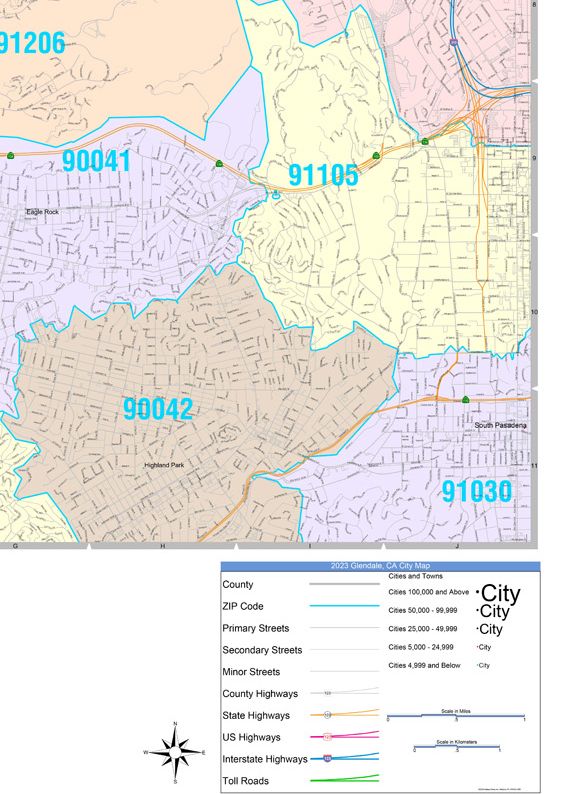 Colorcast Zip Code Style Wall Map of Glendale, CA by Market Maps