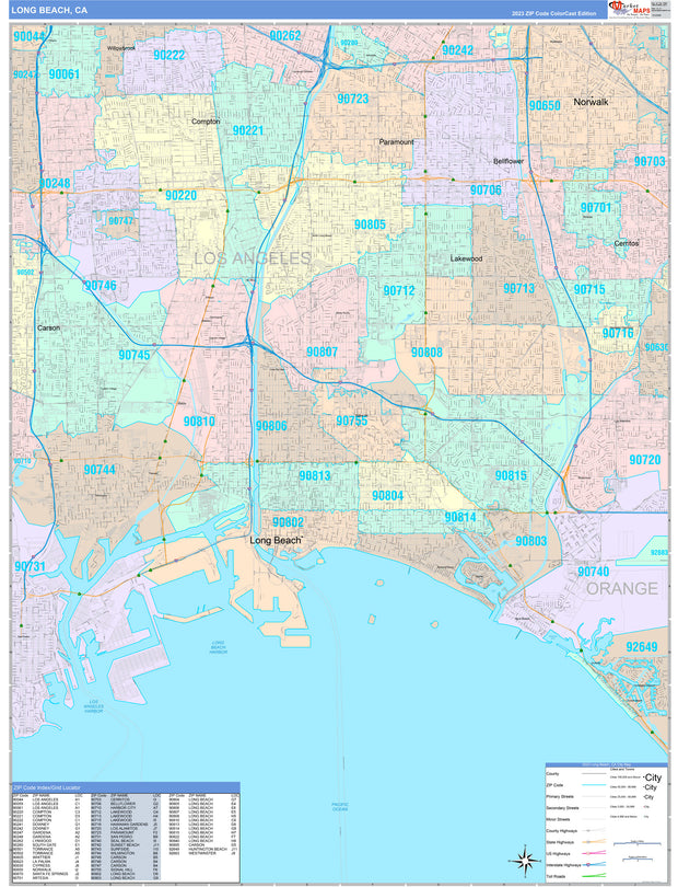 Colorcast Zip Code Style Wall Map of Long Beach, CA by Market Maps ...