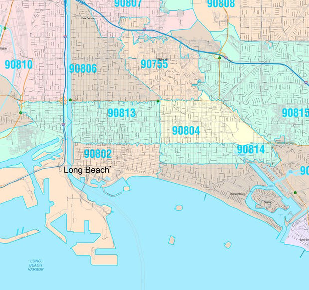 Colorcast Zip Code Style Wall Map of Long Beach, CA by Market Maps