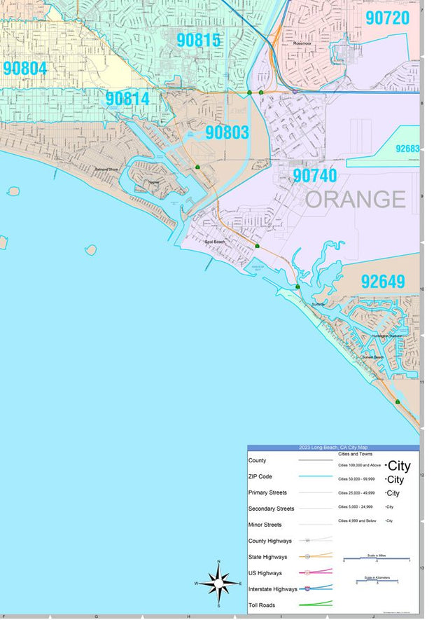 Colorcast Zip Code Style Wall Map of Long Beach, CA by Market Maps ...