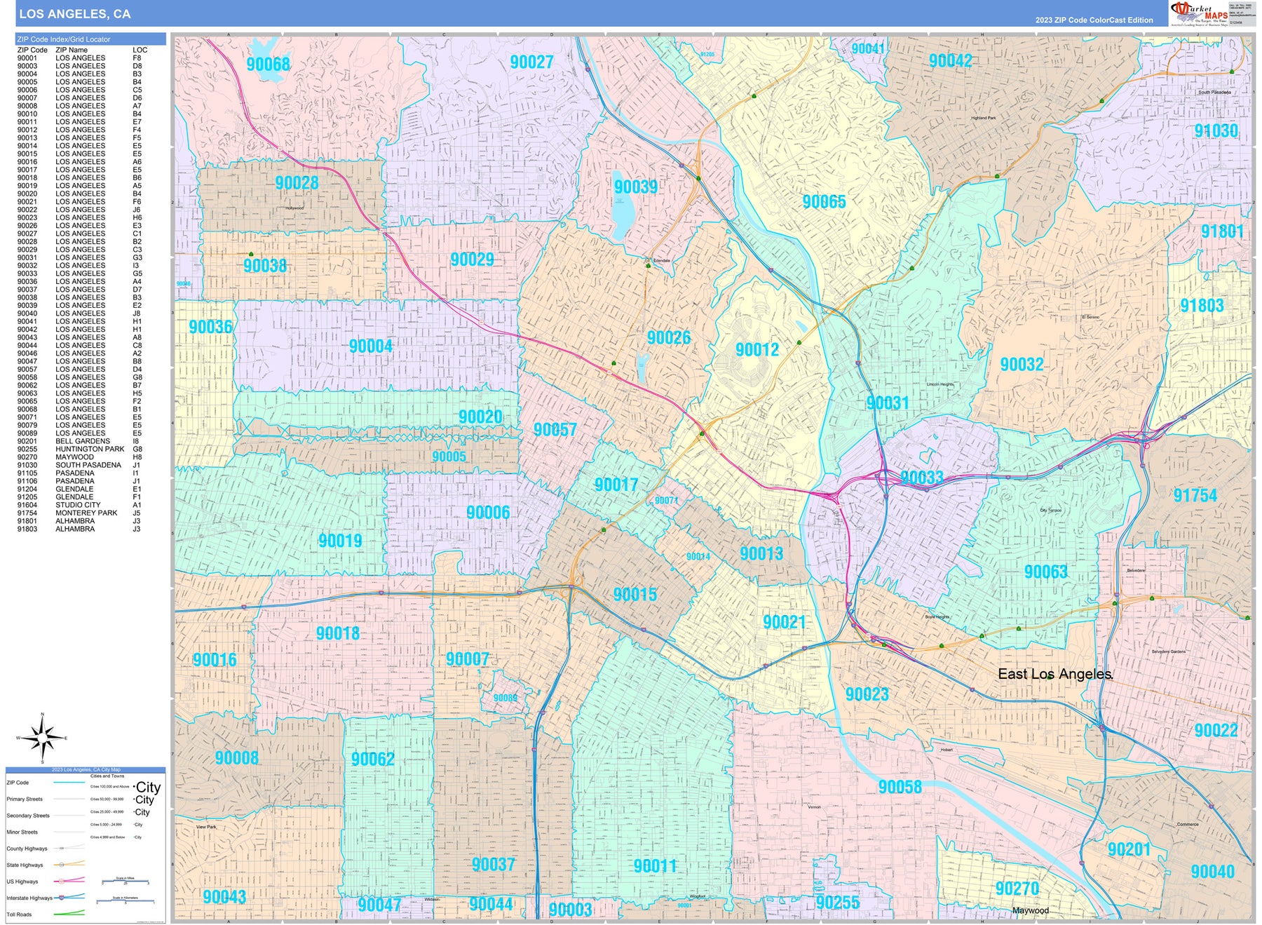 Colorcast ZIp Code Style Wall Map of Los Angeles, CA by Market