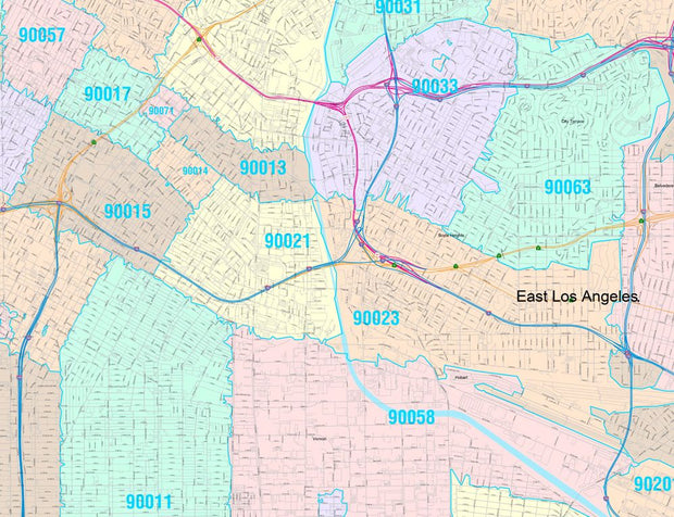 Colorcast ZIp Code Style Wall Map of Los Angeles, CA by Market Maps