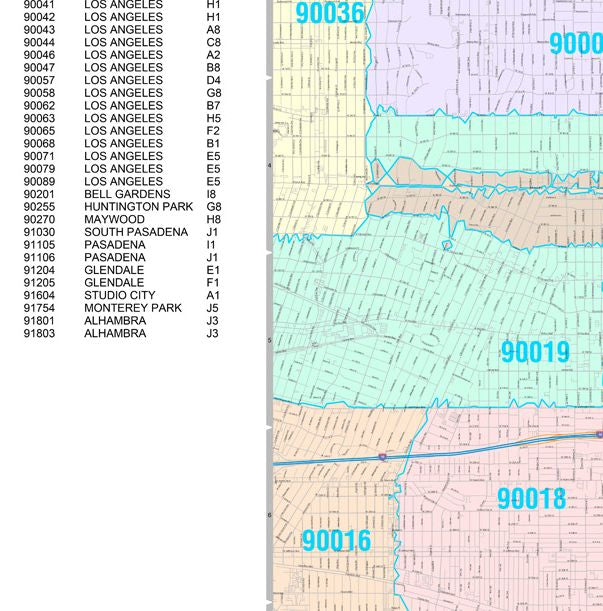 Colorcast ZIp Code Style Wall Map of Los Angeles, CA by Market Maps ...