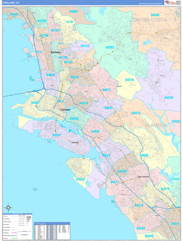 Colorcast Zip Code Style Wall Map of Oakland, CA by Market Maps
