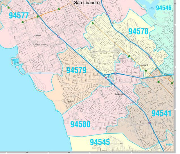 Colorcast Zip Code Style Wall Map of Oakland, CA by Market Maps