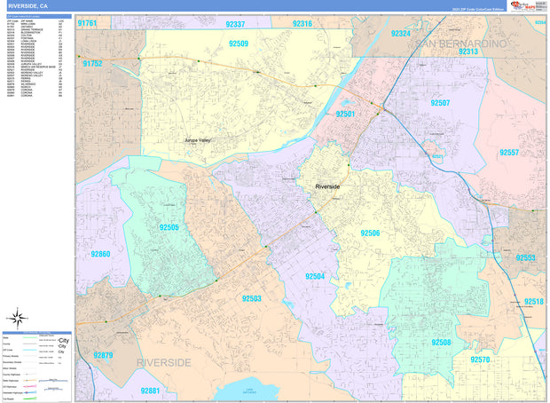 Colorcast Zip Code Style Wall Map of Riverside, CA by Market Maps