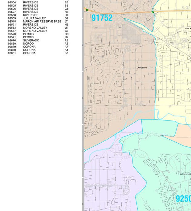 Colorcast Zip Code Style Wall Map of Riverside, CA by Market Maps