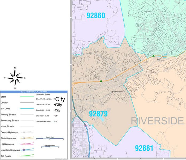 Colorcast Zip Code Style Wall Map of Riverside, CA by Market Maps