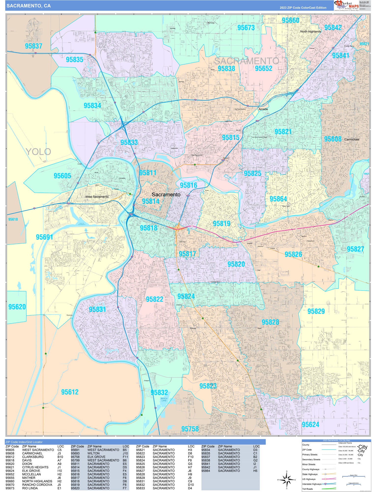 Colorcast Zip Code Style Wall Map of Sacramento CA