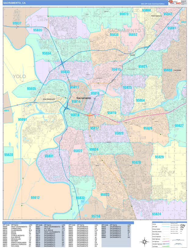 Colorcast Zip Code Style Wall Map of Sacramento, CA by Market Maps ...