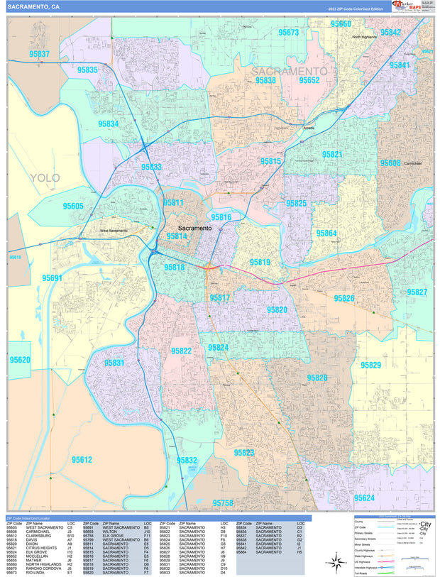 Colorcast Zip Code Style Wall Map of Sacramento, CA by Market Maps