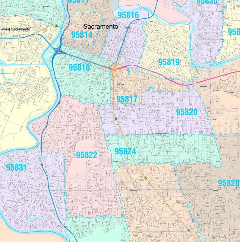 Colorcast Zip Code Style Wall Map of Sacramento CA