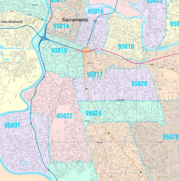 Colorcast Zip Code Style Wall Map of Sacramento, CA by Market Maps