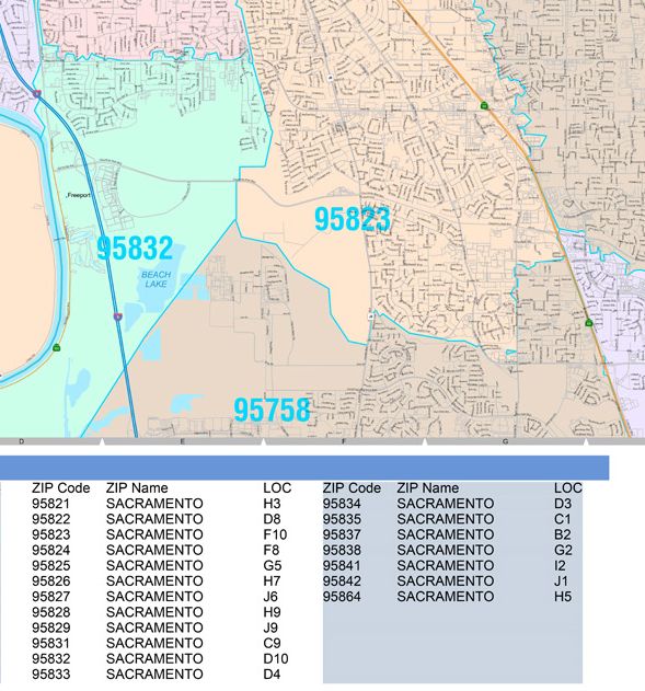 Colorcast Zip Code Style Wall Map of Sacramento CA