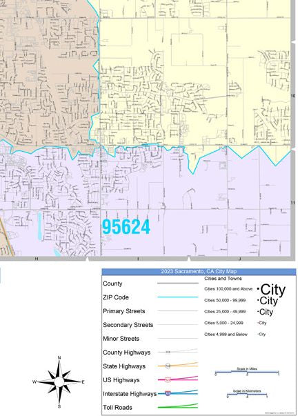 Colorcast Zip Code Style Wall Map of Sacramento CA