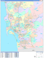 Colorcast Zip Code Style Wall Map of San Diego, CA by Market Maps