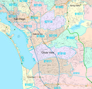 Colorcast Zip Code Style Wall Map of San Diego, CA by Market Maps