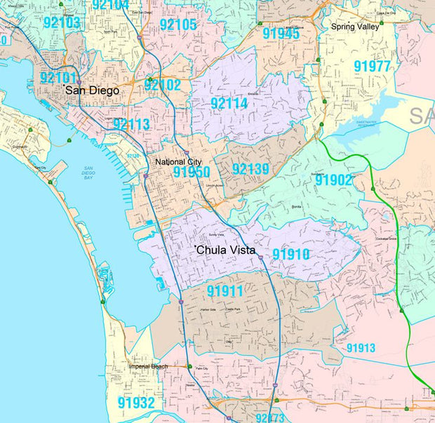 Colorcast Zip Code Style Wall Map of San Diego, CA by Market Maps ...
