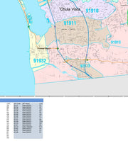 Colorcast Zip Code Style Wall Map of San Diego, CA by Market Maps