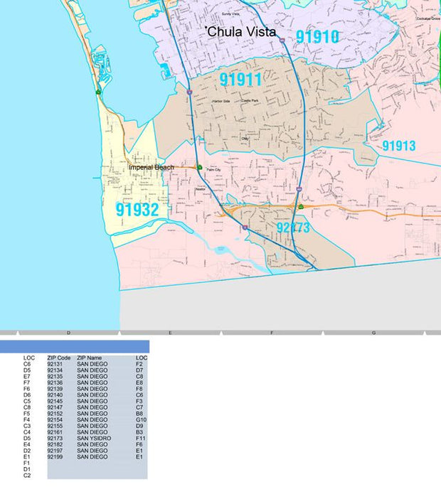 Colorcast Zip Code Style Wall Map of San Diego, CA by Market Maps