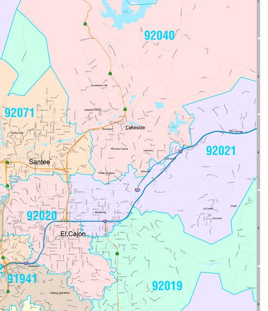 Colorcast Zip Code Style Wall Map of San Diego, CA by Market Maps