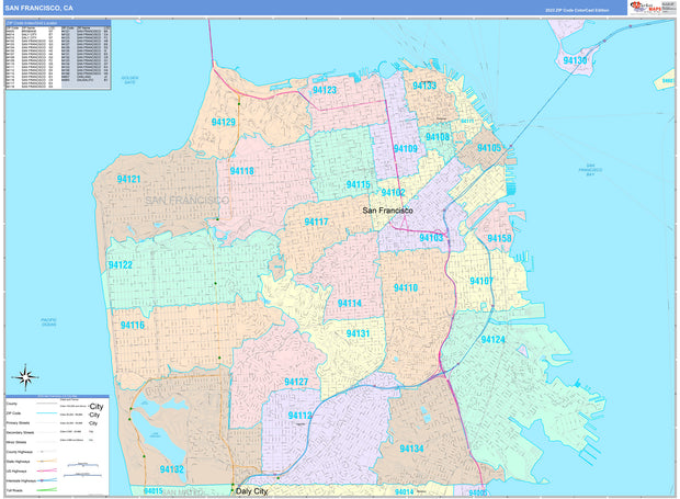 Colorcast Zip Code Style Wall Map of San Francisco, CA by Market Maps