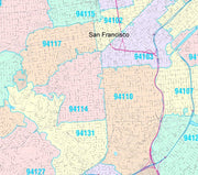 Colorcast Zip Code Style Wall Map of San Francisco, CA by Market Maps