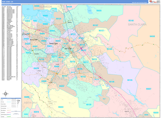 Colorcast Zip Code Style Wall Map of San Jose, CA by Market Maps