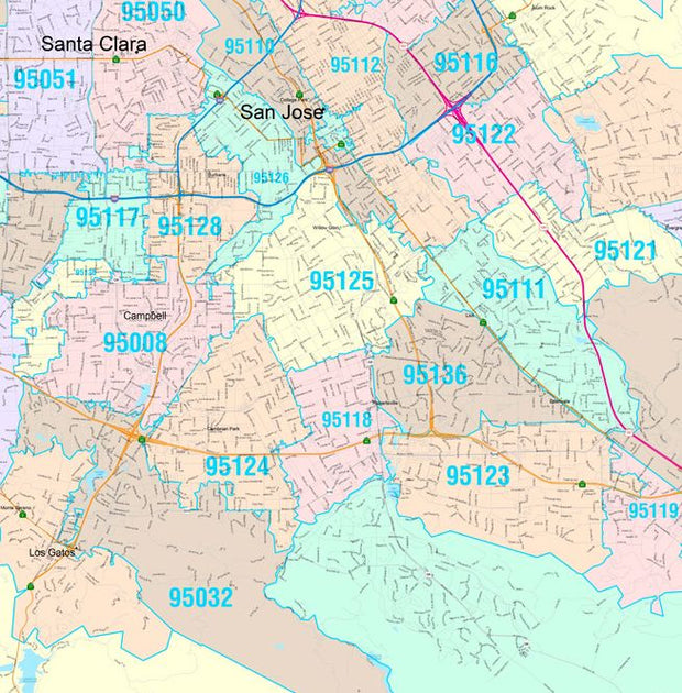 Colorcast Zip Code Style Wall Map of San Jose, CA by Market Maps