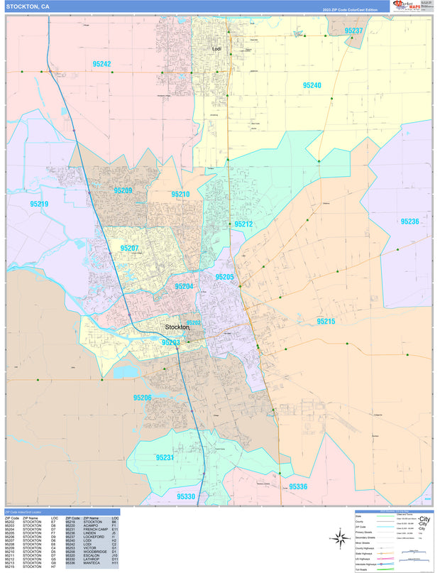 Colorcast Zip Code Style Wall Map of Stockton, CA by Market Maps