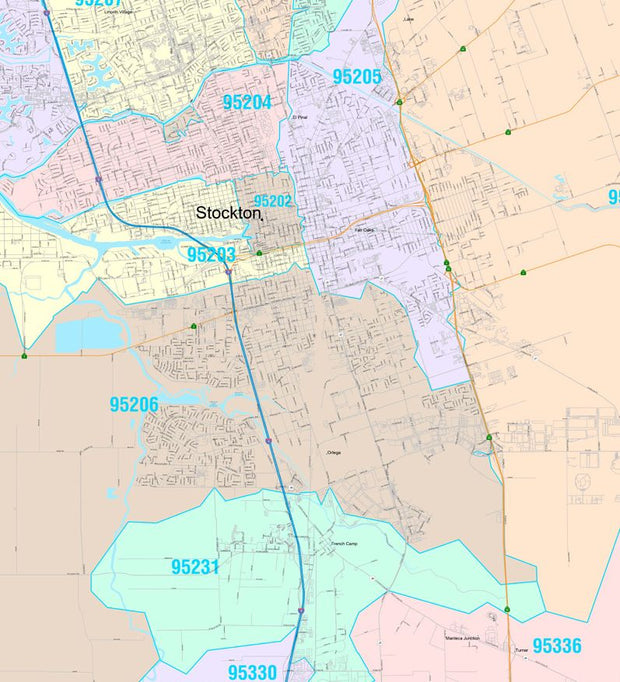 Colorcast Zip Code Style Wall Map of Stockton, CA by Market Maps